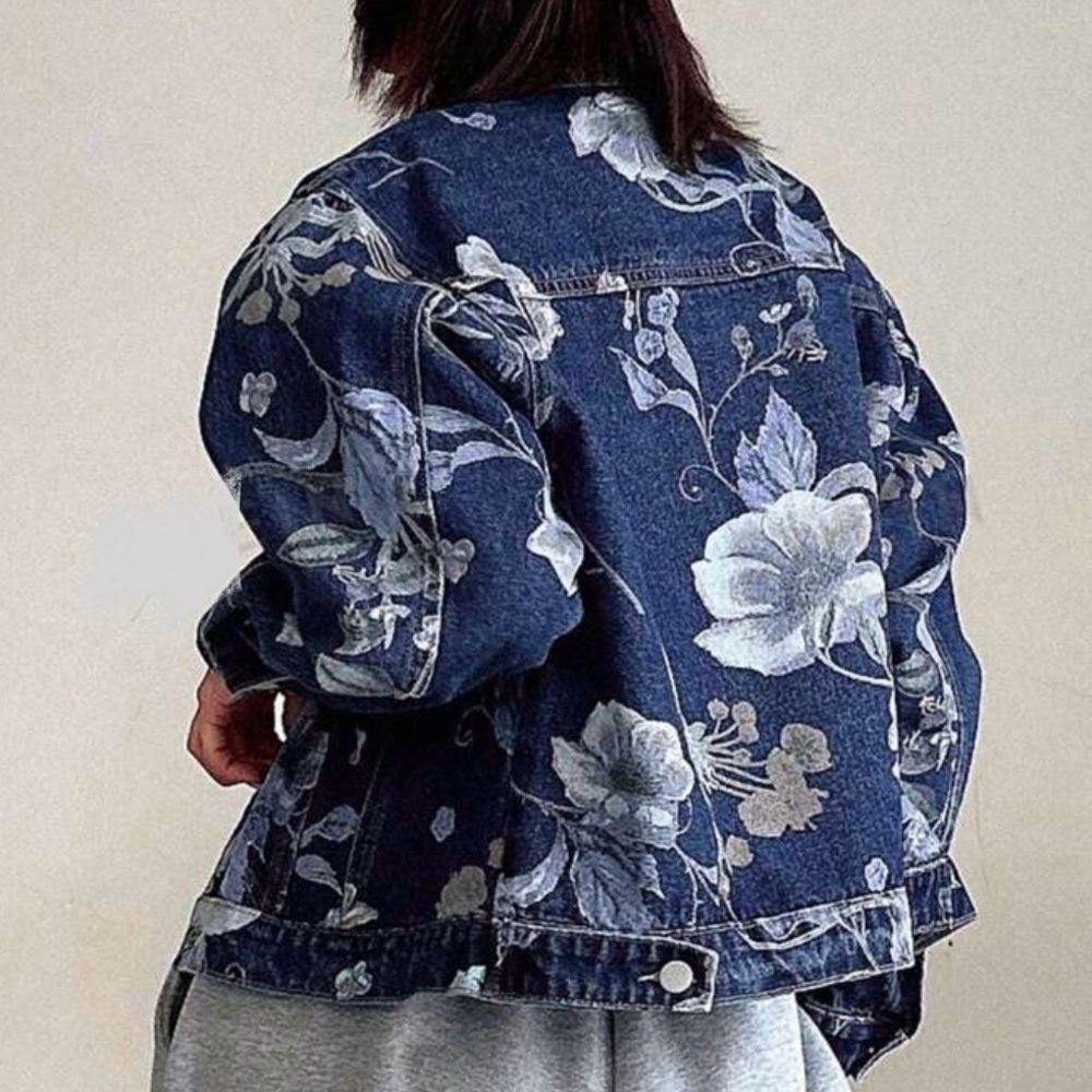 Boho Floral Print Pocket Denim Jeans Jacket Blue - Picture 4 of 4